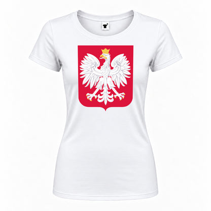 Women's Poland National Soccer Team Round Neck T-Shirt — White — original logo on current Drive garment
