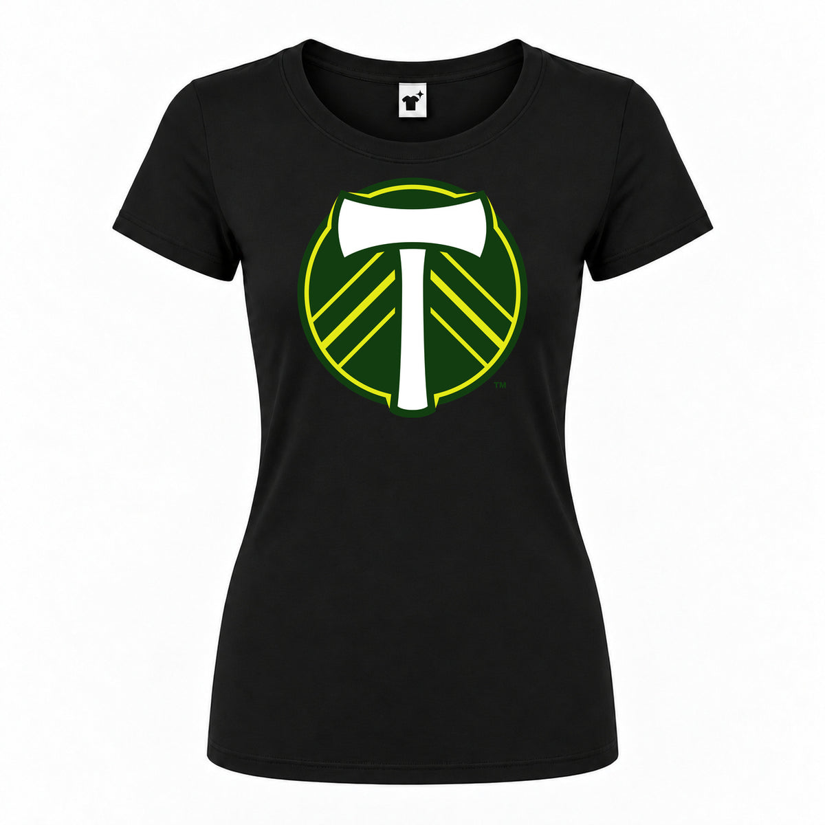 Women's Portland Timbers FC Round Neck T-Shirt — Black — original logo on current Drive garment