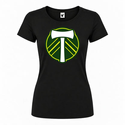 Women's Portland Timbers FC Round Neck T-Shirt — Black — original logo on current Drive garment