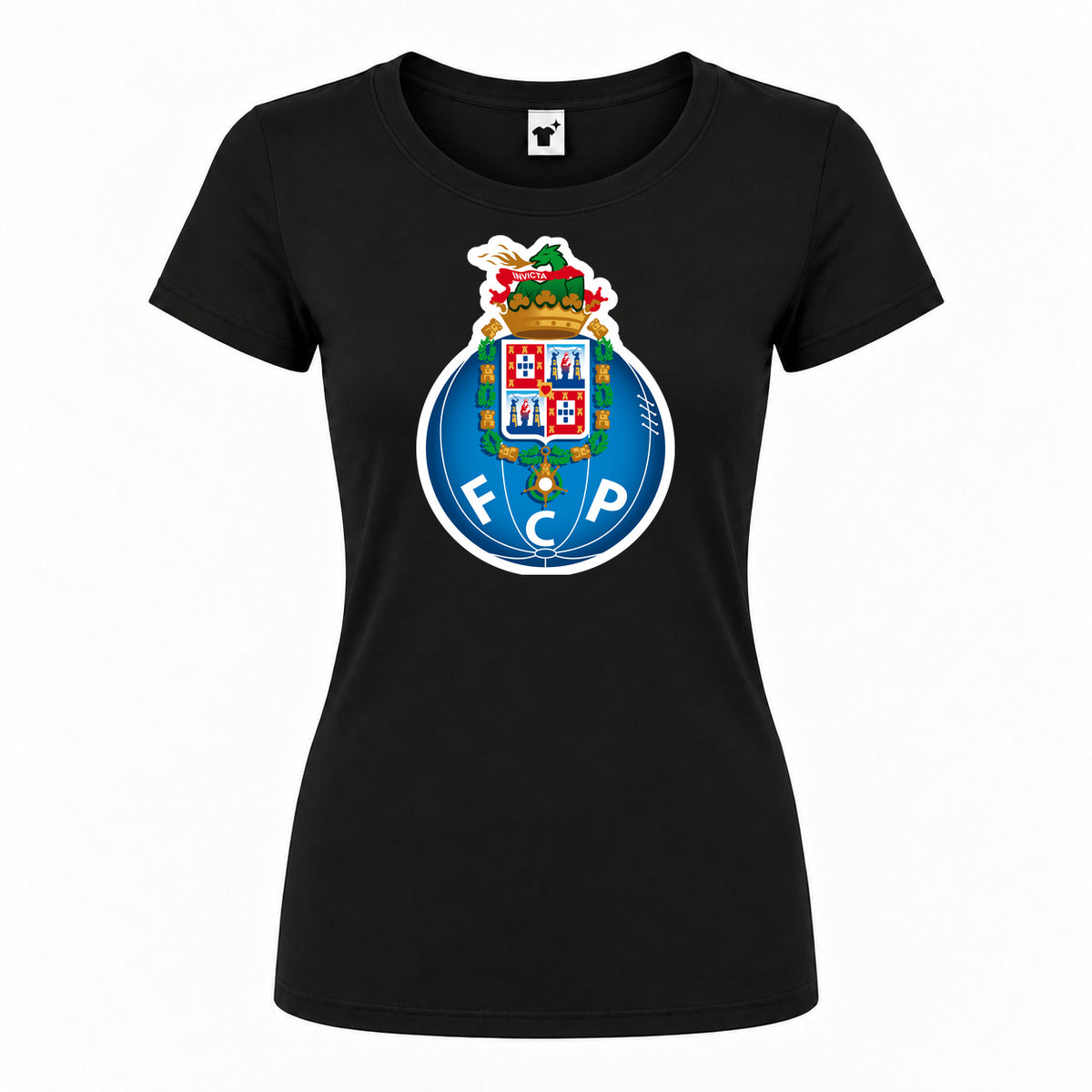 Women's Porto FC Round Neck T-Shirt — Black — original logo on current Drive garment