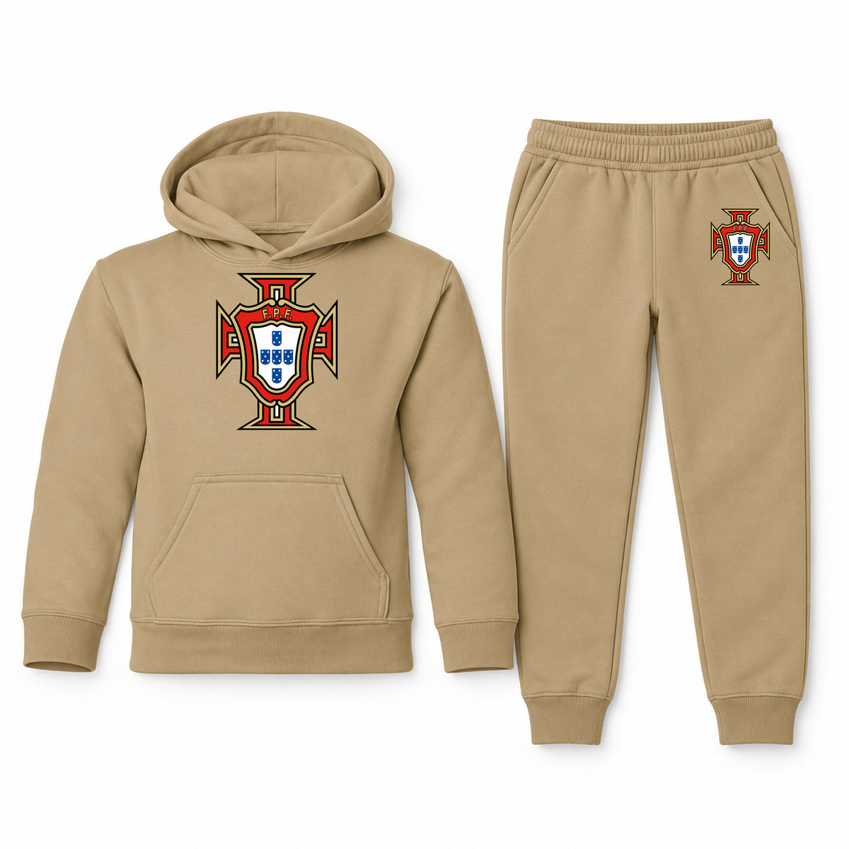 Portugal National Soccer Team youth hoodie jogger set, Khaki, Youth Large ages 10–12