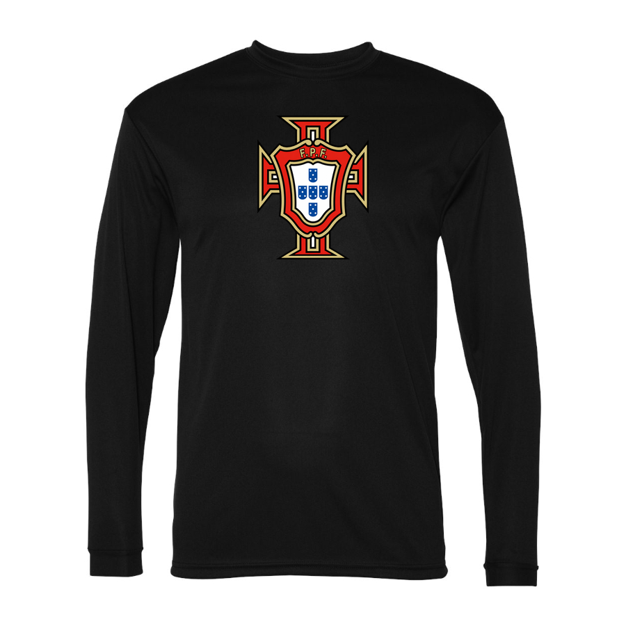 Men's Portugal National Soccer Team Performance Long Sleeve T-Shirt | Color: Black | Original artwork on Drive garment