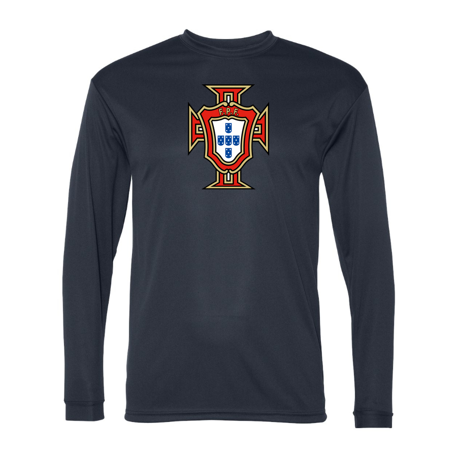 Men's Portugal National Soccer Team Performance Long Sleeve T-Shirt | Color: Navy | Original artwork on Drive garment