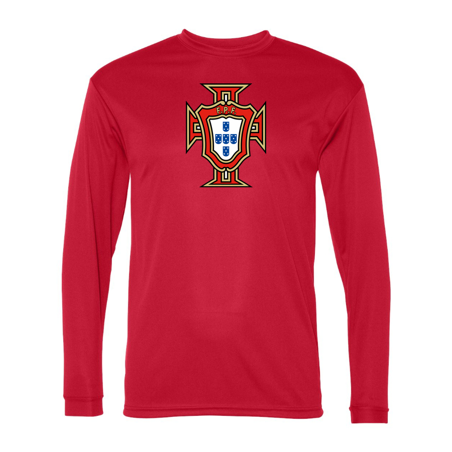 Men's Portugal National Soccer Team Performance Long Sleeve T-Shirt | Color: Red | Original artwork on Drive garment