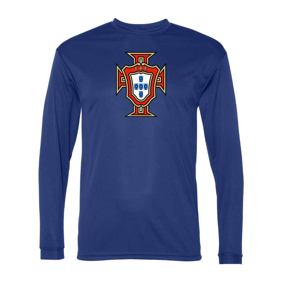 Men's Portugal National Soccer Team Performance Long Sleeve T-Shirt | Color: Royal | Original artwork on Drive garment