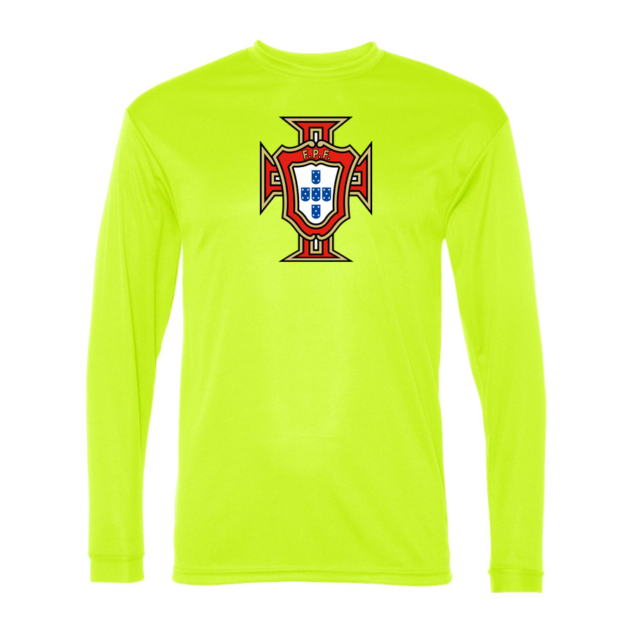 Men's Portugal National Soccer Team Performance Long Sleeve T-Shirt | Color: Safety Yellow | Original artwork on Drive garment