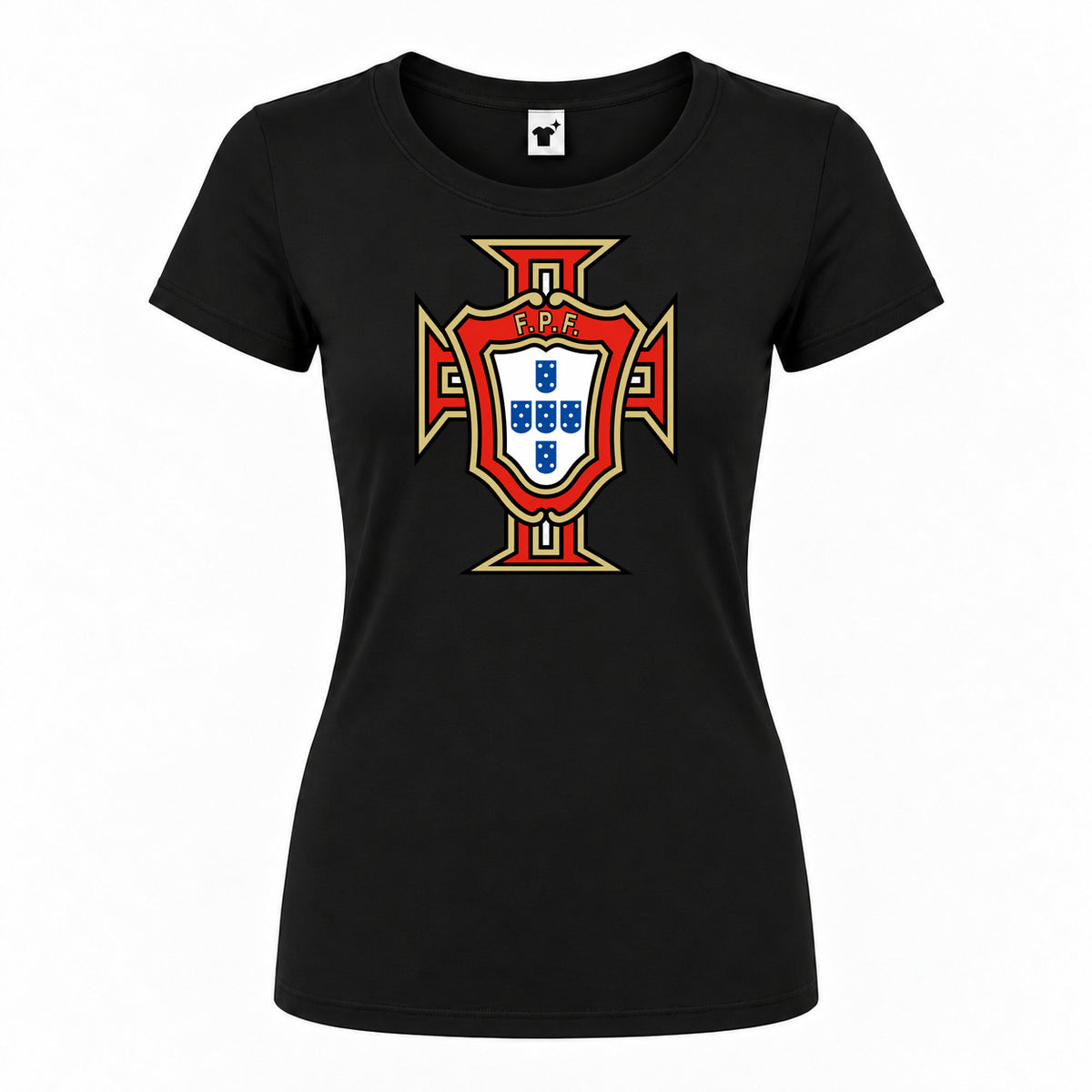 Women's Portugal National Soccer Team Round Neck T-Shirt — Black — original logo on current Drive garment
