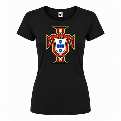 Women's Portugal National Soccer Team Round Neck T-Shirt — Black — original logo on current Drive garment