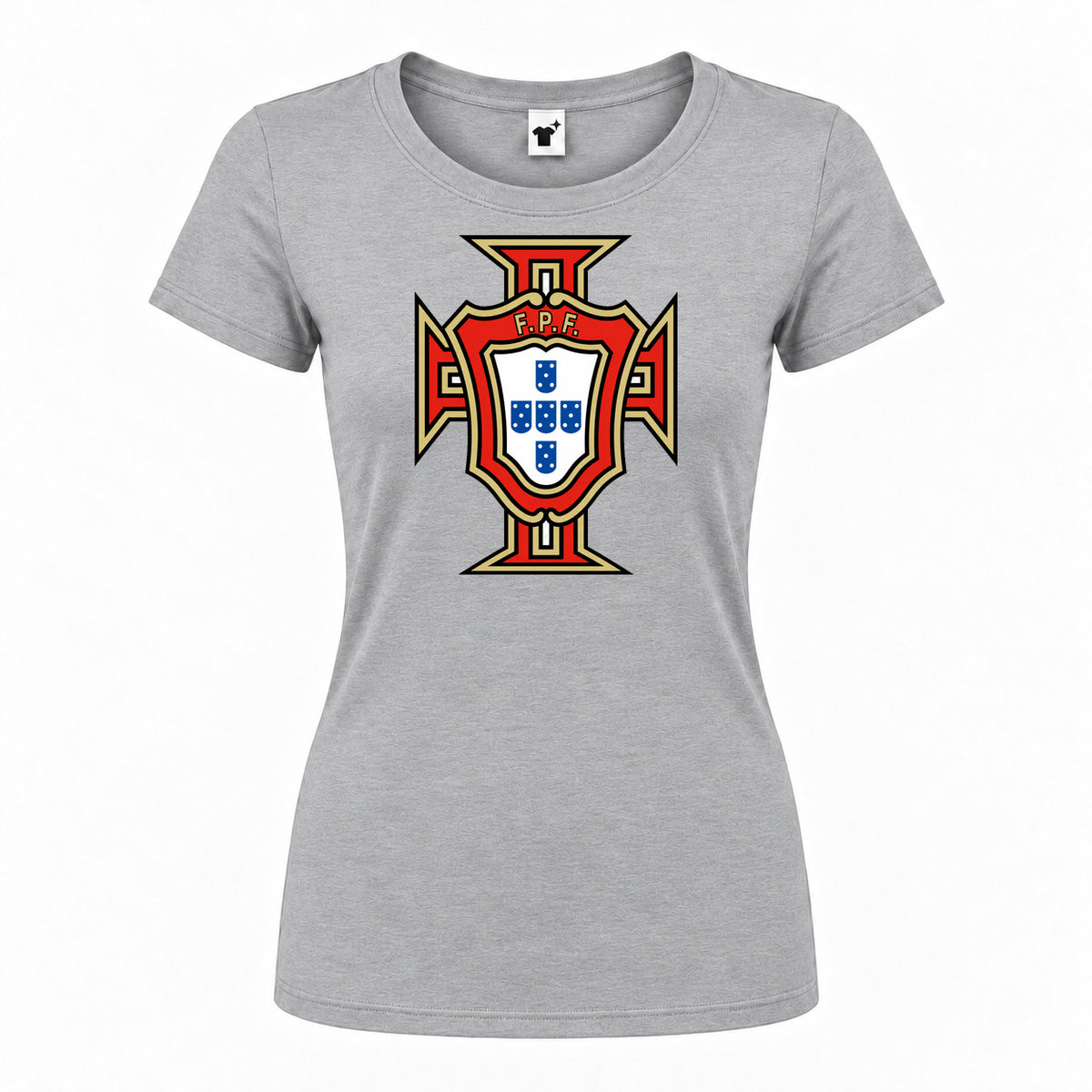 Women's Portugal National Soccer Team Round Neck T-Shirt — Grey — original logo on current Drive garment
