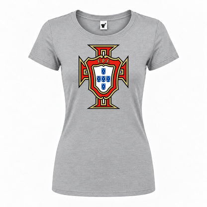 Women's Portugal National Soccer Team Round Neck T-Shirt — Grey — original logo on current Drive garment