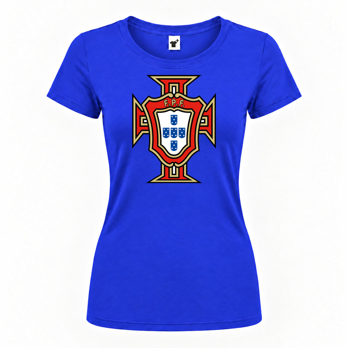 Women's Portugal National Soccer Team Round Neck T-Shirt — Royal Blue — original logo on current Drive garment