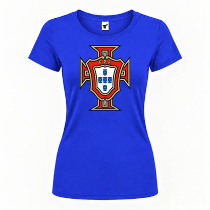 Women's Portugal National Soccer Team Round Neck T-Shirt — Royal Blue — original logo on current Drive garment