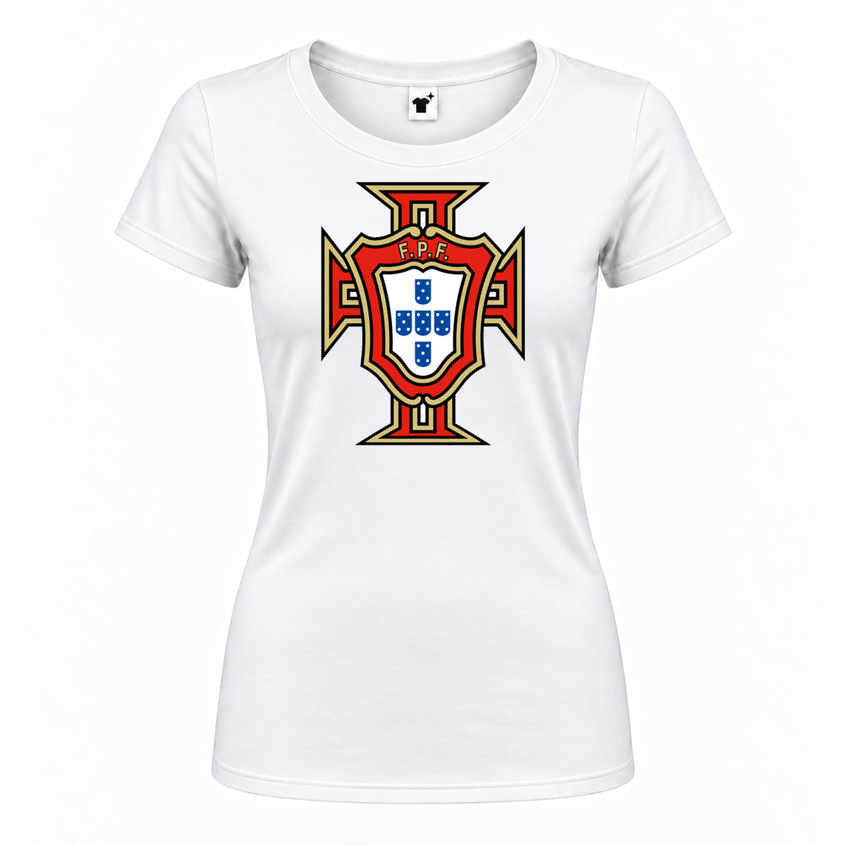 Women's Portugal National Soccer Team Round Neck T-Shirt — White — original logo on current Drive garment