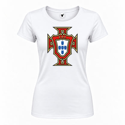 Women's Portugal National Soccer Team Round Neck T-Shirt — White — original logo on current Drive garment