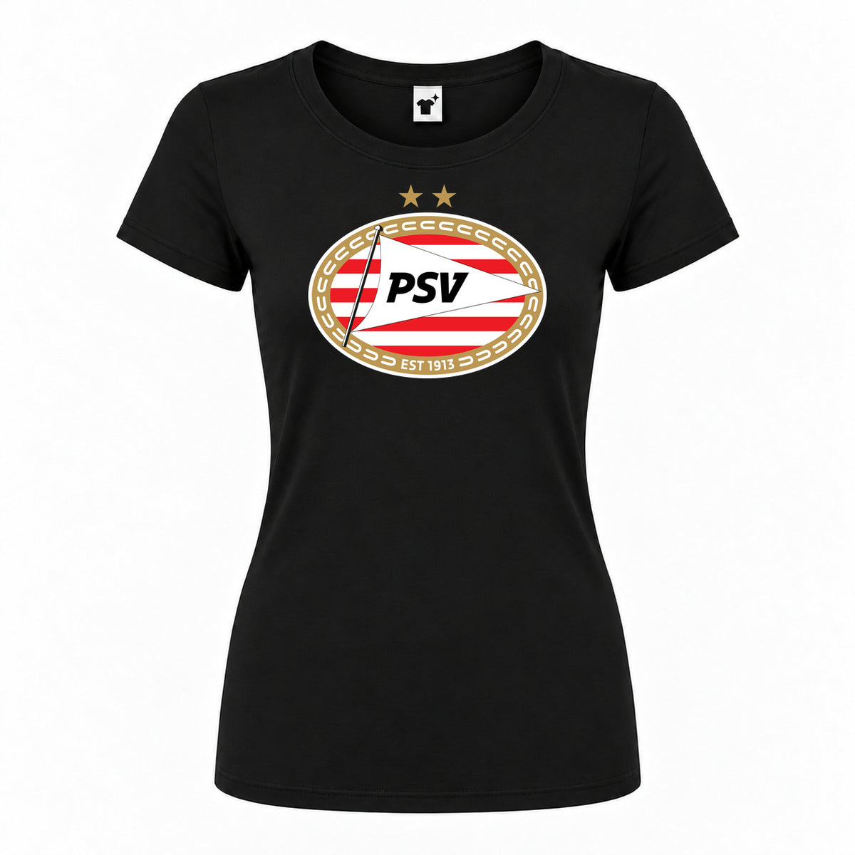 Women's PSV Eindhoven FC Round Neck T-Shirt — Black — original logo on current Drive garment