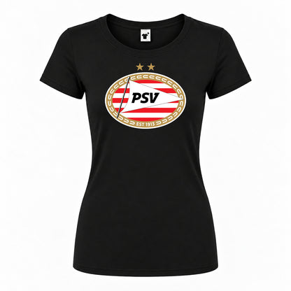 Women's PSV Eindhoven FC Round Neck T-Shirt — Black — original logo on current Drive garment