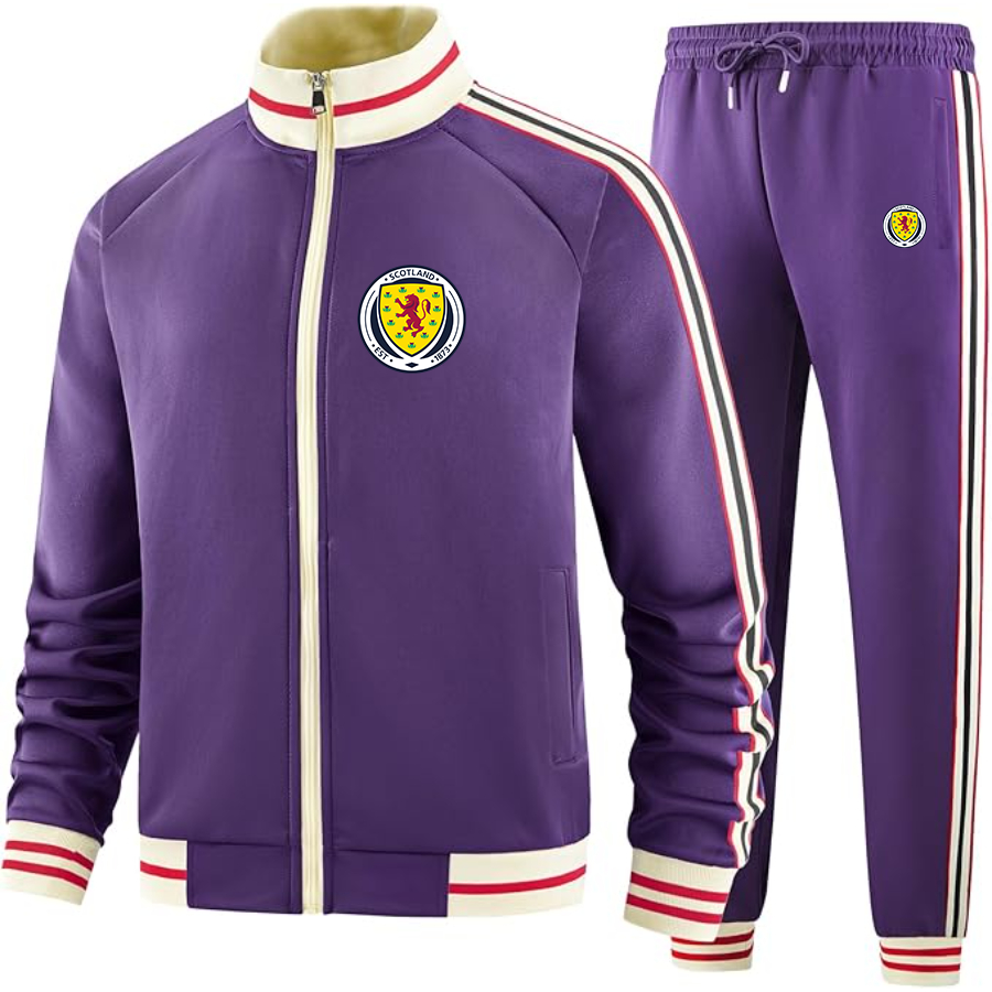 Men's  Scotland National Soccer Team  - Premium Two-Piece Designer Tracksuit with Bold Striped Accents and Zippered Front - Elevated Athletic Wear