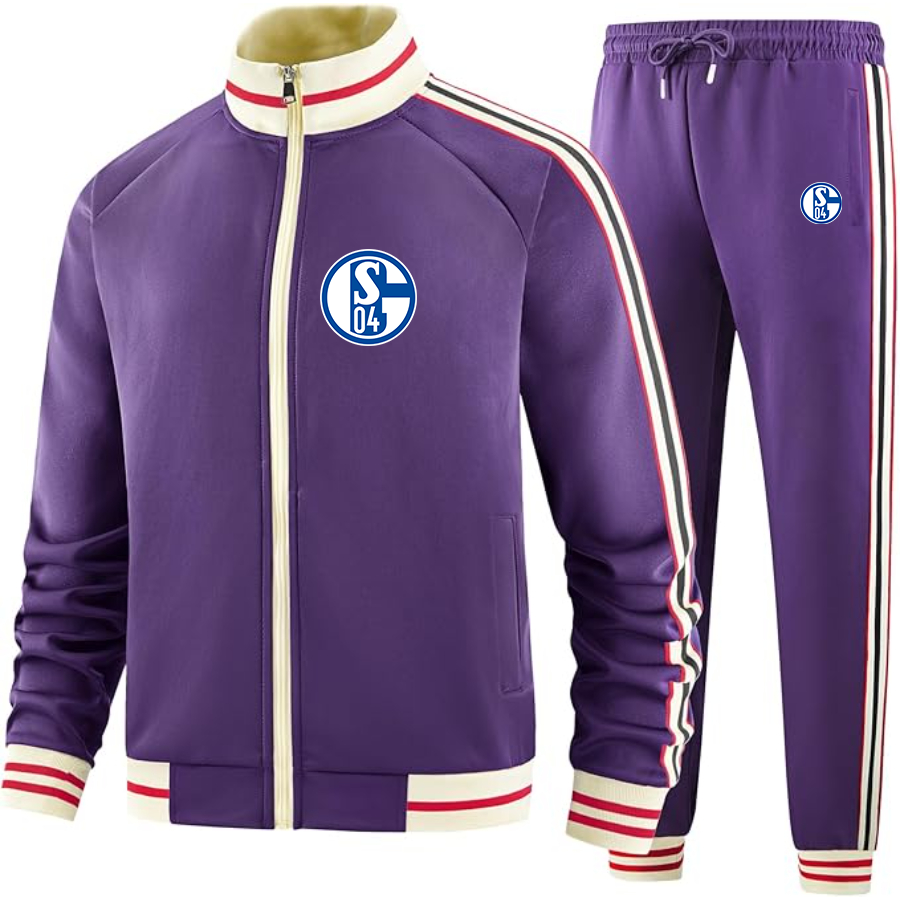 Men's  Schalke 04 FC - Premium Two-Piece Designer Tracksuit with Bold Striped Accents and Zippered Front - Elevated Athletic Wear