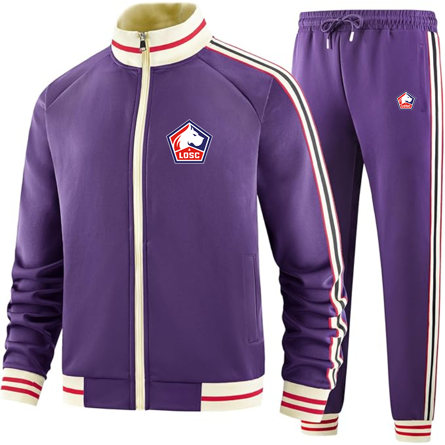 Men's Lille Olympique FC - Premium Two-Piece Designer Tracksuit with Bold Striped Accents and Zippered Front - Elevated Athletic Wear