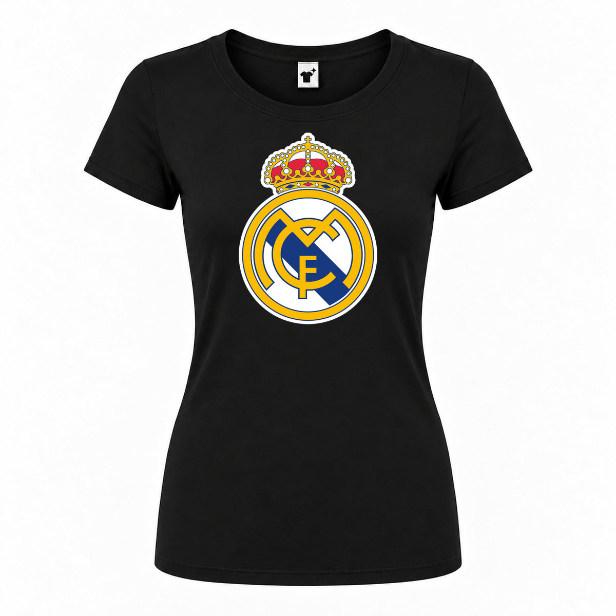 Women's Real Madrid Soccer Round Neck T-Shirt — Black — original logo on current Drive garment