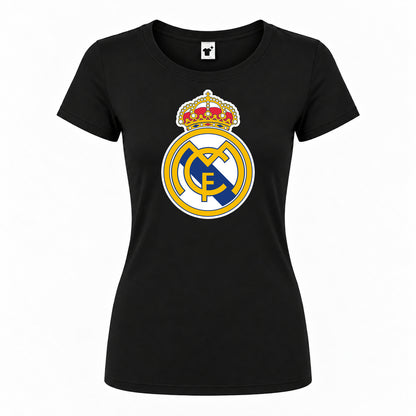 Women's Real Madrid Soccer Round Neck T-Shirt — Black — original logo on current Drive garment