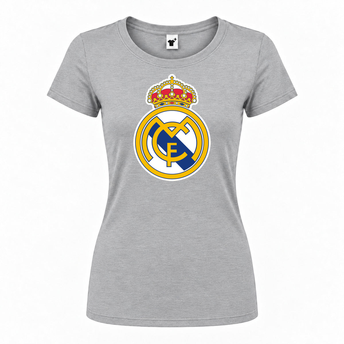 Women's Real Madrid Soccer Round Neck T-Shirt — Grey — original logo on current Drive garment