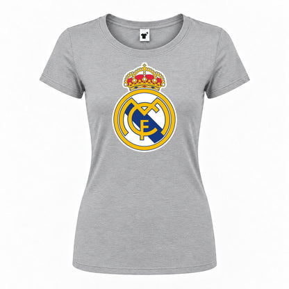 Women's Real Madrid Soccer Round Neck T-Shirt — Grey — original logo on current Drive garment