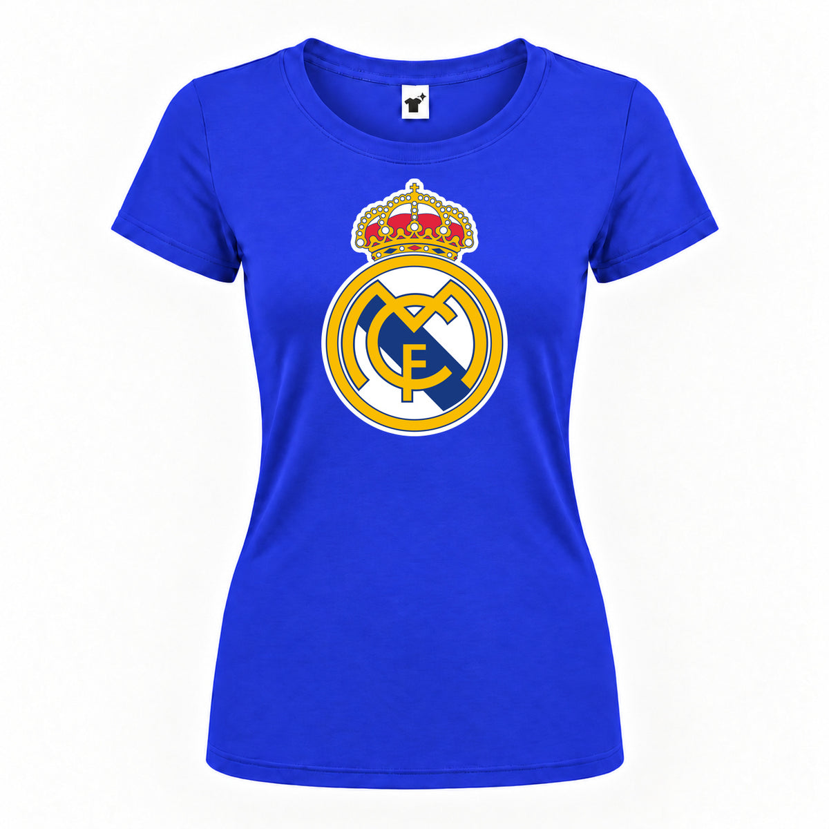 Women's Real Madrid Soccer Round Neck T-Shirt — Royal Blue — original logo on current Drive garment