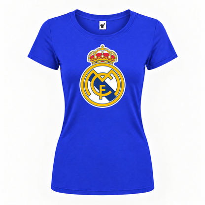 Women's Real Madrid Soccer Round Neck T-Shirt — Royal Blue — original logo on current Drive garment