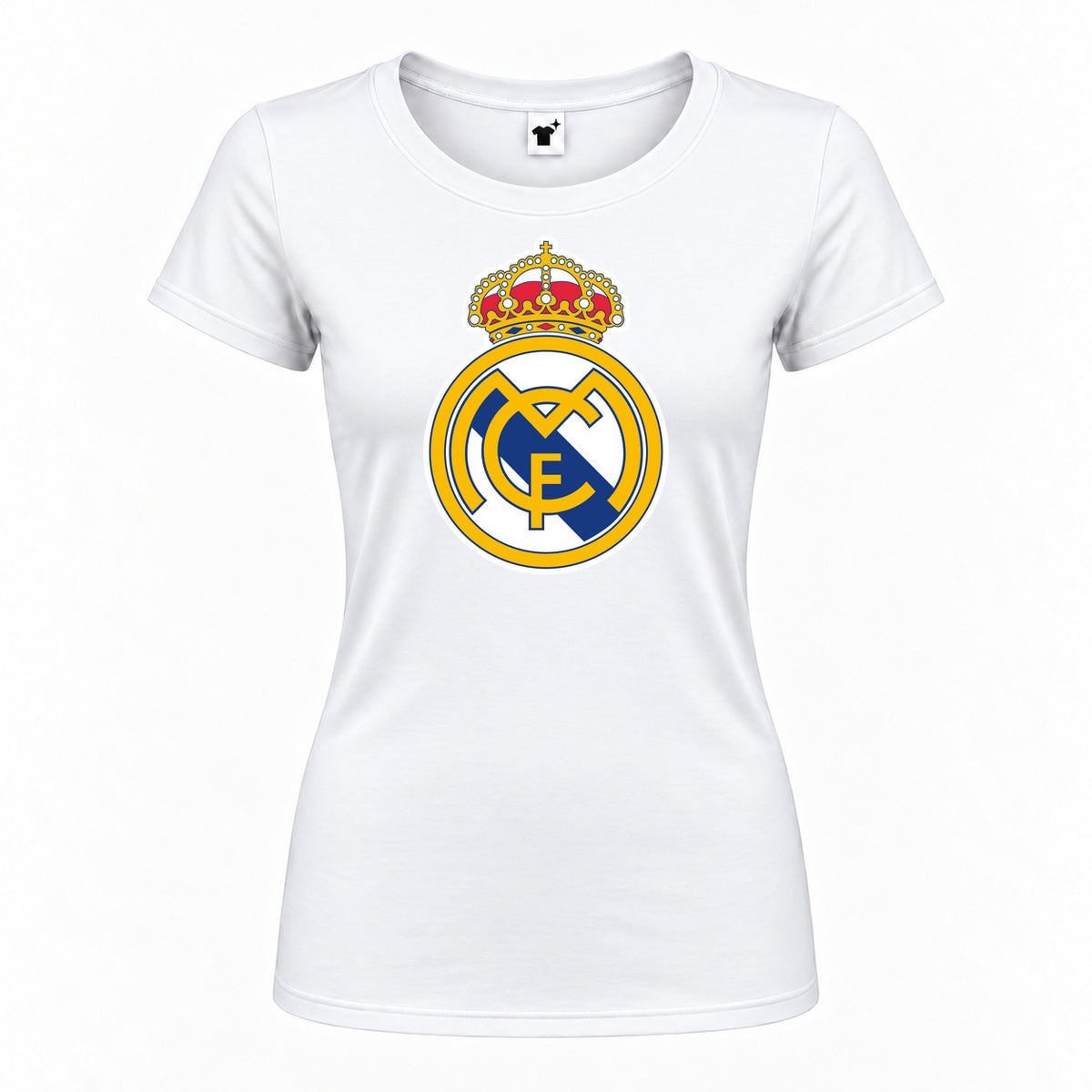 Women's Real Madrid Soccer Round Neck T-Shirt — White — original logo on current Drive garment