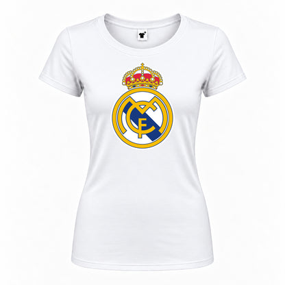 Women's Real Madrid Soccer Round Neck T-Shirt — White — original logo on current Drive garment