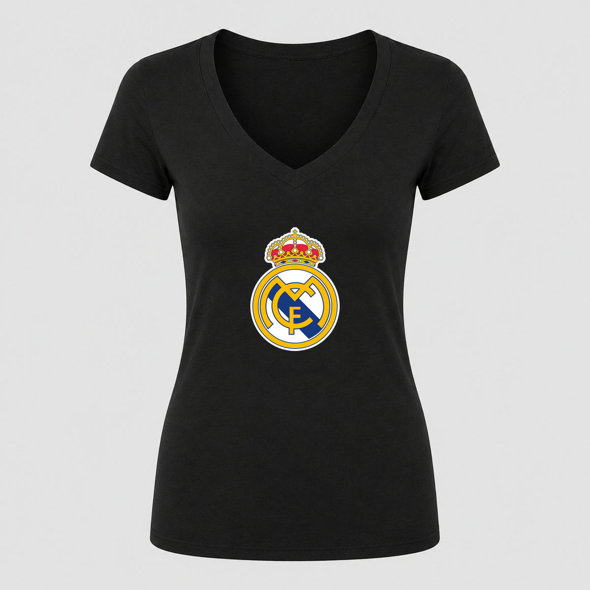 Women's Real Madrid Soccer V-Neck T-Shirt | Color: Black | Original artwork on Drive garment