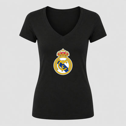 Women's Real Madrid Soccer V-Neck T-Shirt | Color: Black | Original artwork on Drive garment