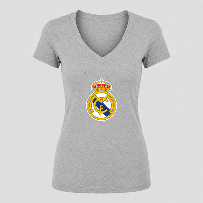 Women's Real Madrid Soccer V-Neck T-Shirt | Color: Gray | Original artwork on Drive garment