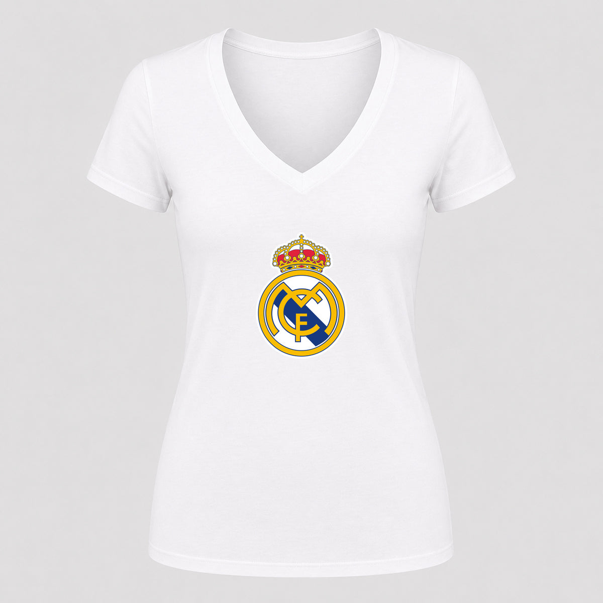 Women's Real Madrid Soccer V-Neck T-Shirt | Color: White | Original artwork on Drive garment