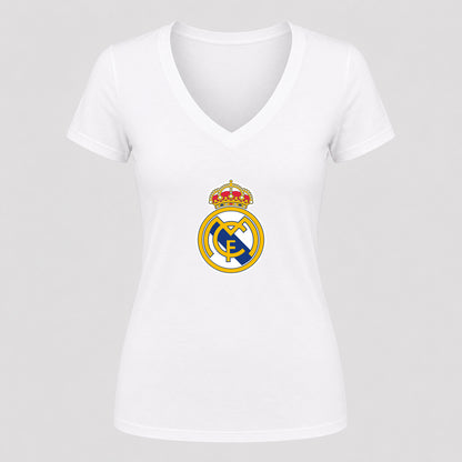 Women's Real Madrid Soccer V-Neck T-Shirt | Color: White | Original artwork on Drive garment