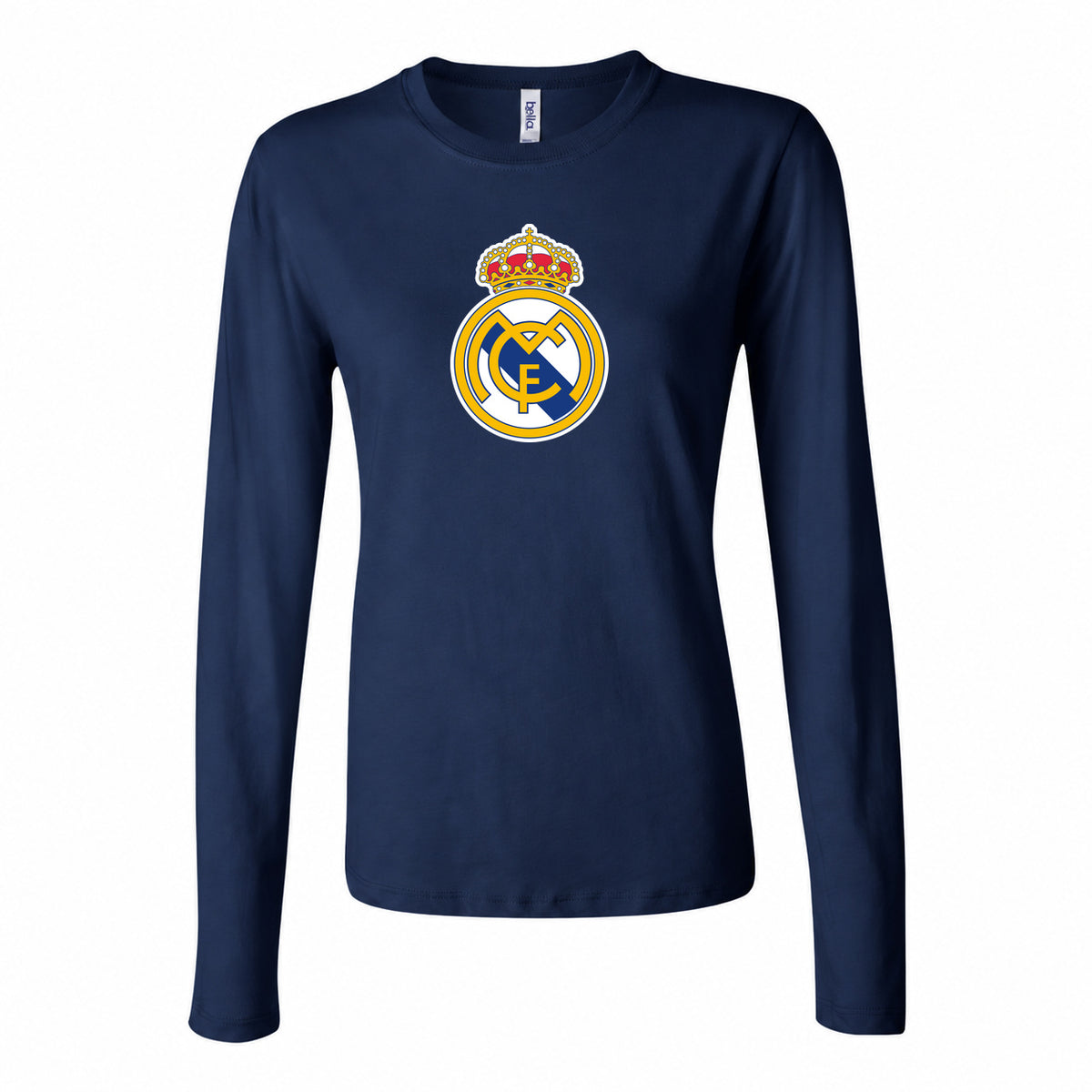 Women's Real Madrid Soccer Long Sleeve T-Shirt | Color: Navy | Original artwork on Drive garment