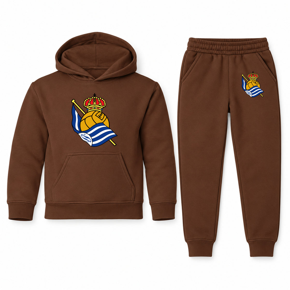 Real Sociedad FC youth hoodie jogger set, Brown, Youth Large ages 10–12