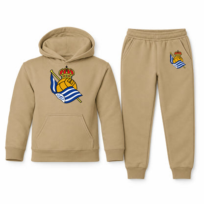 Real Sociedad FC youth hoodie jogger set, Khaki, Youth Large ages 10–12