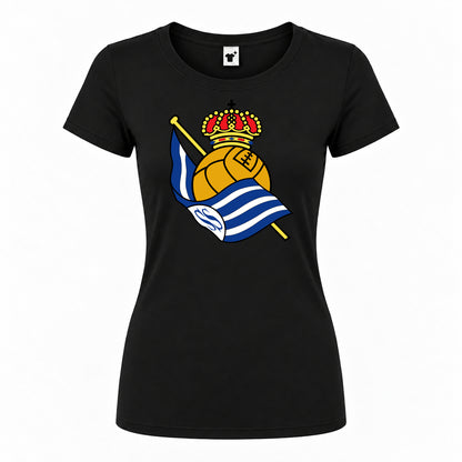Women's Real Sociedad FC Round Neck T-Shirt — Black — original logo on current Drive garment