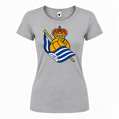 Women's Real Sociedad FC Round Neck T-Shirt — Grey — original logo on current Drive garment