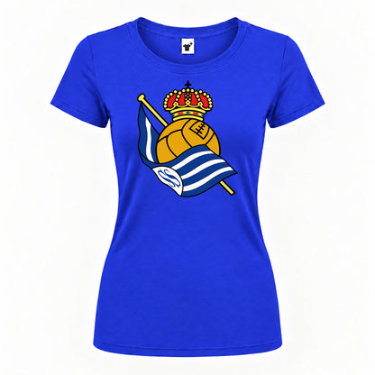 Women's Real Sociedad FC Round Neck T-Shirt — Royal Blue — original logo on current Drive garment