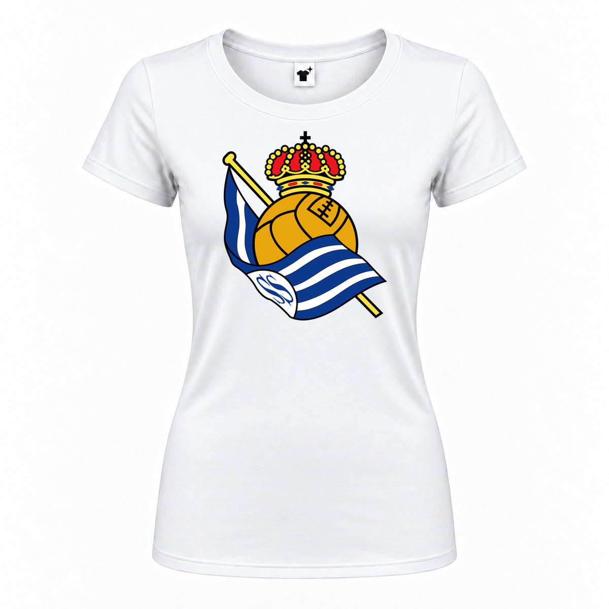 Women's Real Sociedad FC Round Neck T-Shirt — White — original logo on current Drive garment