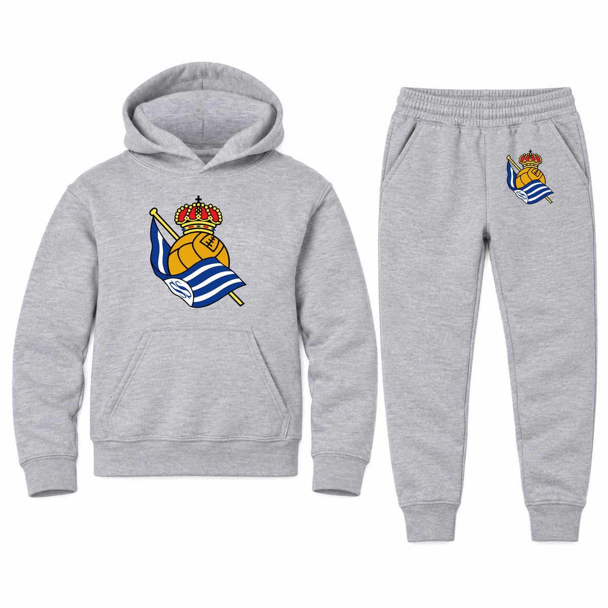 Real Sociedad FC youth hoodie jogger set, Sports Grey, Youth Large ages 10–12