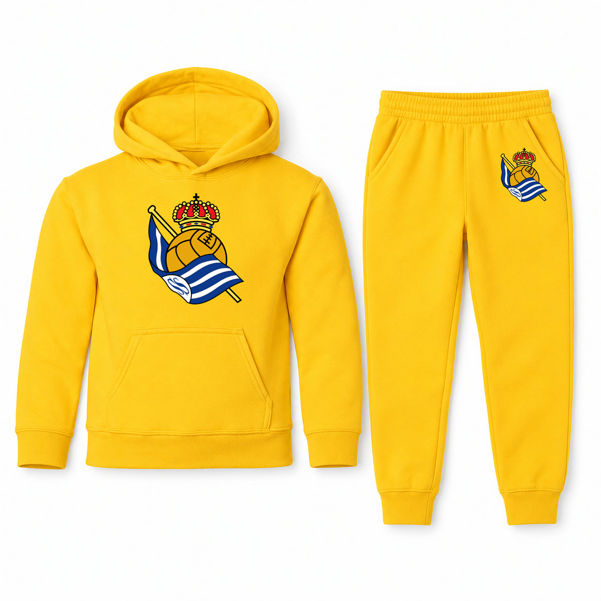 Real Sociedad FC youth hoodie jogger set, Yellow, Youth Large ages 10–12