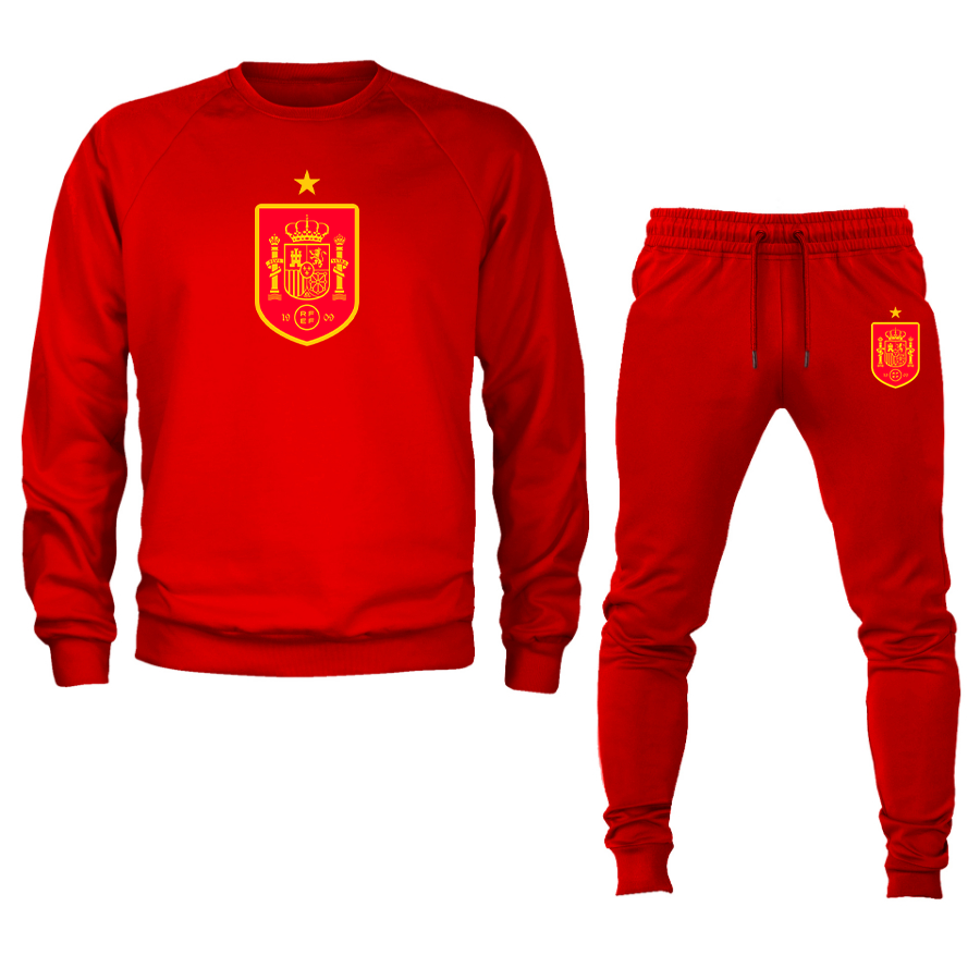 Men's Spain Red Logo National Soccer Team Crewneck Sweatshirt Joggers Suit