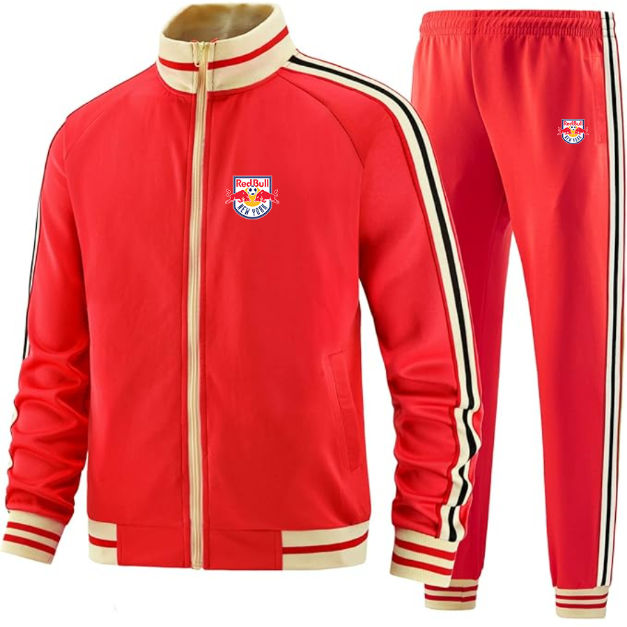 Men's  New York Red Bulls FC - Premium Two-Piece Designer Tracksuit with Bold Striped Accents and Zippered Front - Elevated Athletic Wear