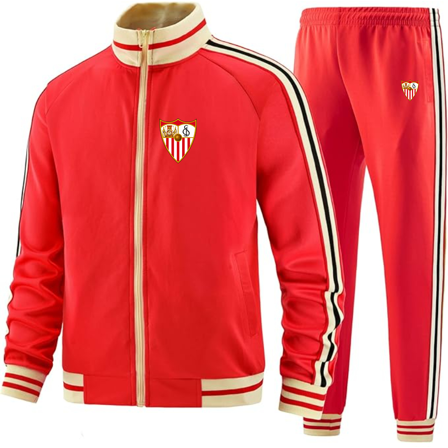 Men's  Sevilla FC  - Premium Two-Piece Designer Tracksuit with Bold Striped Accents and Zippered Front - Elevated Athletic Wear