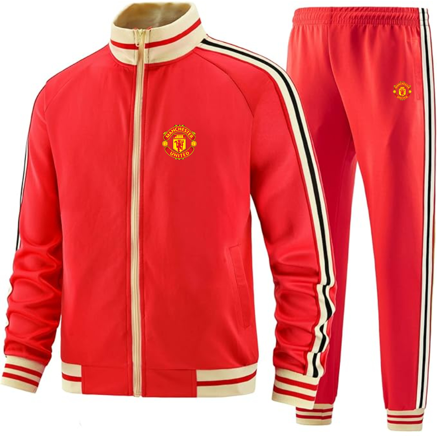 Men's  Manchester United Soccer - Premium Two-Piece Designer Tracksuit with Bold Striped Accents and Zippered Front - Elevated Athletic Wear