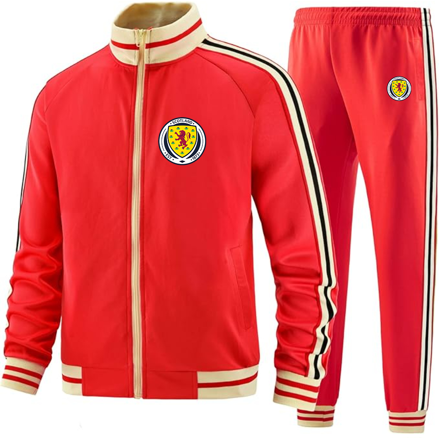 Men's  Scotland National Soccer Team  - Premium Two-Piece Designer Tracksuit with Bold Striped Accents and Zippered Front - Elevated Athletic Wear